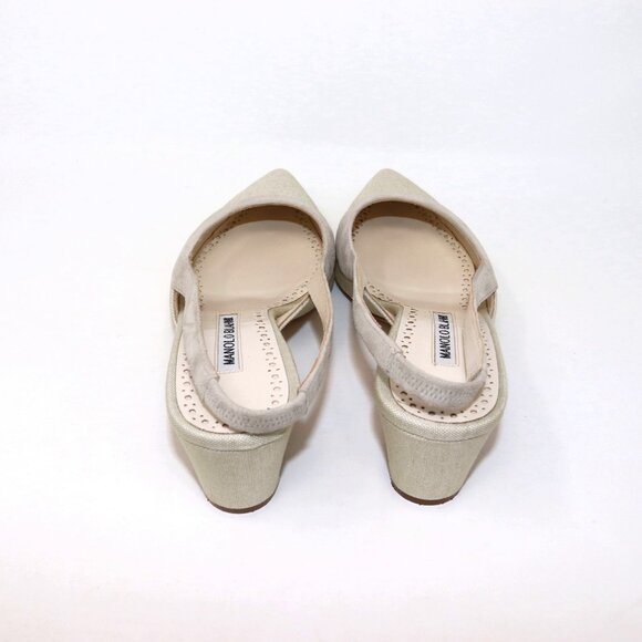 Manolo Blahnik 38 Golpeso Natural Linen & Suede Slingback Kitten Heel Mules - Picture 5 of 12